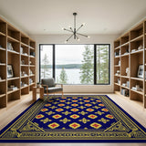 Navy Blue Persian Star Pattern Rug with Gold Border