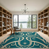 Teal Geometric Swirl Area Rug with Stars