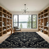 Ornate Silver on Black Damask Area Rug