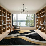 Washable Modern Black & Gold Abstract Wave Area Rug