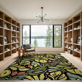 Vibrant Yellow Floral on Black Area Rug