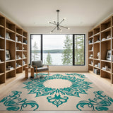 Traditional Persian Blue and Teal Teal Mandala Persian Area Rug