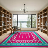 Pink Teal Geometric Border Area Rug