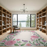 Pink Roses Birds Floral Border Rug