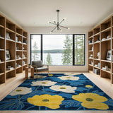 Navy Blue Peony Floral Area Rug
