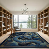 ODIKA Traditional Blue & Gold Dragon Washable Rug - Low Pile Non-Slip Mythical Area Rug