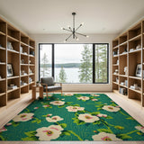Emerald Green White Camellia Floral Vintage Rug