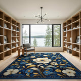 Navy Blue Peony Floral Rug with Gold Accents