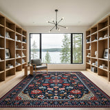 Navy Persian Floral Area Rug with Red Motifs
