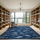 ODIKA Washable Nautical Fish Area Rug, Navy Blue Coastal Low Pile Non-Slip Rug