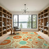Vibrant Orange Teal Floral Pattern Area Rug