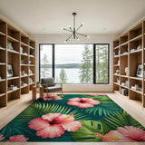 Pink Hibiscus Palm Leaf Area Rug
