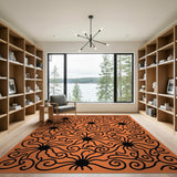 Bold Black Swirls on Vibrant Orange Area Rug