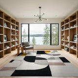 Washable Abstract Geometric Area Rug - Modern Gold & Black Low Pile Non-Slip Rug