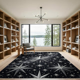 Shimmering Silver Stars Black Area Rug