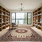 Beige and Neutral Ornate Red Medallion Persian Area Rug