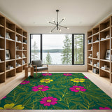 Vibrant Pink Yellow Floral Green Area Rug