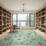 Whimsical Mint Daisy Bird Floral Area Rug