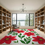 Vibrant Red Poinsettia Floral Pattern Area Rug