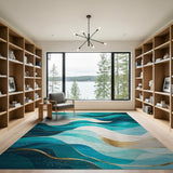 Washable Modern Abstract Teal & Gold Wave Area Rug - Low Pile, Non-Slip