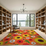 Vibrant Orange Sunflower Poppy Daisy Floral Rug
