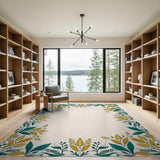 Teal and Gold Foliage Border Area Rug