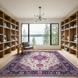 Pink Floral Persian Area Rug in Navy Border