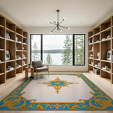 Ornate Blue Gold Starburst Frame Area Rug