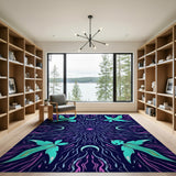 Psychedelic Teal Flying Fish Crescent Moon Area Rug