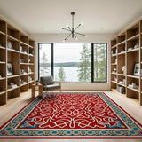 Red Persian Area Rug with Intricate White Arabesques