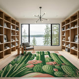 Green Cactus Garden Rug with Pink Blooms