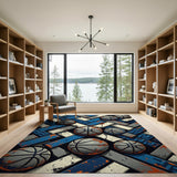 Basketball Geometric Blue Area Rug