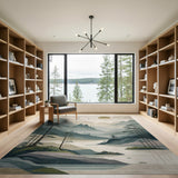 Misty Teal Mountains Pine Landscape Area Rug