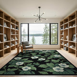 Vintage White Blossoms Green Leaves Black Area Rug