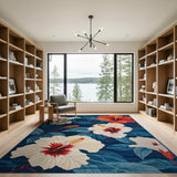 Coastal Beach Navy Hibiscus Floral Area Rug