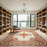 Ornate Red Floral Border Cream Area Rug