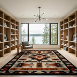 Washable Southwestern Tribal Area Rug, Terracotta & Black Geometric, Low Pile Non-Slip