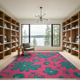 Vibrant Teal Flowers on Hot Pink Area Rug