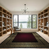 ODIKA Washable Greek Key Area Rug - Low Pile Burgundy & Gold Non-Slip Luxury Carpet