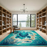Teal Sea Turtle Coastal Blue and Teal Area Rug