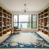 Blue Seashell Starfish Coastal Border Rug