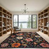 Multi-color and Patterns Navy Floral Area Rug with Pink Orange Blooms
