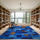 Blue Geometric Abstract Area Rug with Terracotta Accents
