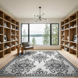 Ornate Black White Bird Floral Persian Rug