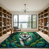 Majestic Wolf in Lush Green Forest Area Rug