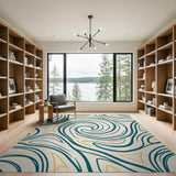 Teal Swirl Abstract Area Rug with Yellow Accents