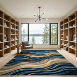 ODIKA Abstract Ocean Wave Washable Area Rug - Low Pile, Non-Slip, Modern Coastal Decor