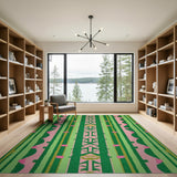 Vibrant Pink Green Geometric Tribal Rug