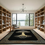 Washable Black Gold Celtic Tree of Life Area Rug, Low Pile & Non-Slip