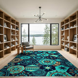 Teal Hexagon Star Mandala Area Rug